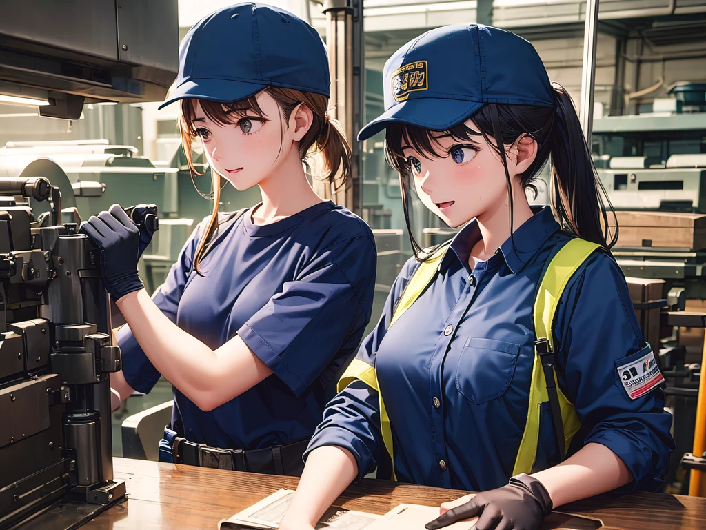 Looking away, high-detail、inside factory、Half of the screen with a woman's body、Small breasts、Female worker、great laughter、Work jacket、Work pants、Wearing a navy blue cap、gloves、Hanging protective goggles、Sweat all over the body、You can open the chest part of the jacket to see the T-shirt、