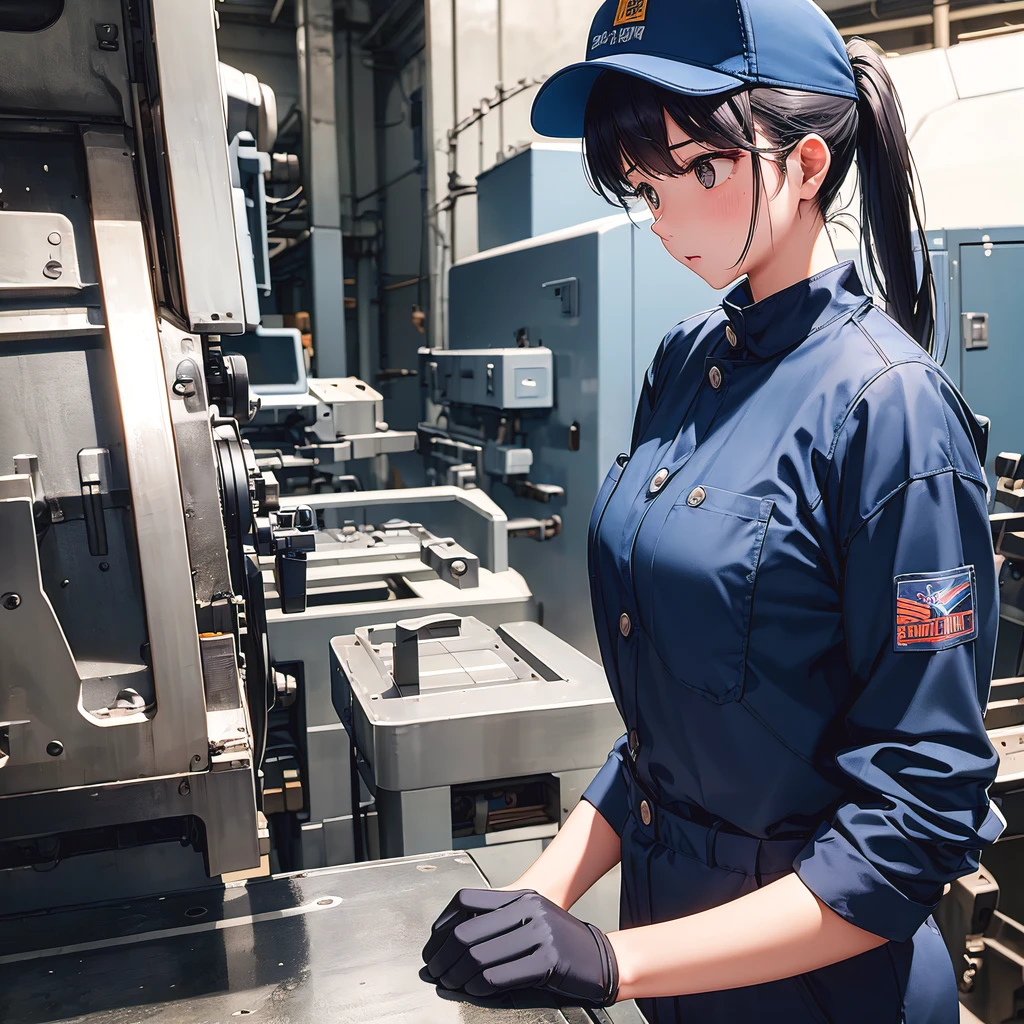 Looking away, high-detail、inside factory、The body is half of the screen、Female worker、Breast small、Workwear、Work pants、Navy blue cap、gloves、protective goggles、Sweat all over the body、You can open the chest part of the jacket to see the T-shirt、