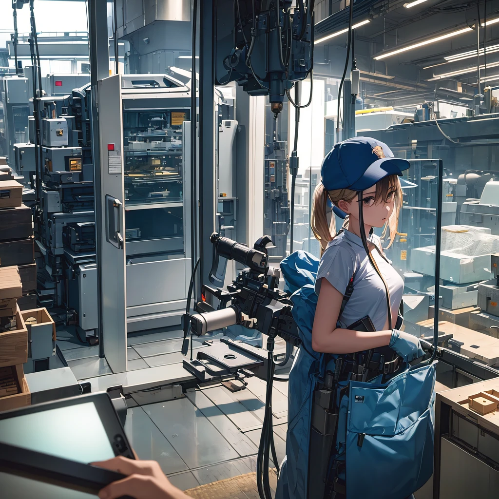 longshot、Looking away, high-detail、inside factory、Half of the screen with a woman's body、Small breasts、Female worker、wearing hat、gloves、Safety Protective Glasses