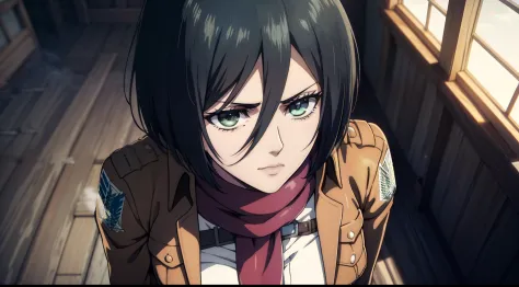 aot style, Shingeki no Kyojin, mikasa ackerman, 1girl,(Body Full 1.1), Hand strap, quiff, black  hair, Black pants, 가슴, green colored eyes, gray background, Hair between the eyes, turnstile, long sleeves, looks at the viewer, Average Breasts,, breeches, re...