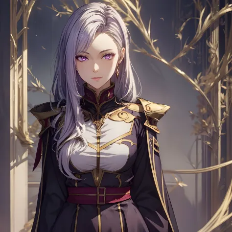 masterpiece, best quality, 1woman, adult, female focus, solo, white hair, vibrant purple eyes, looking at viewer, closed mouth, Fantasy aesthetics, Highly detailed, shadowverse style