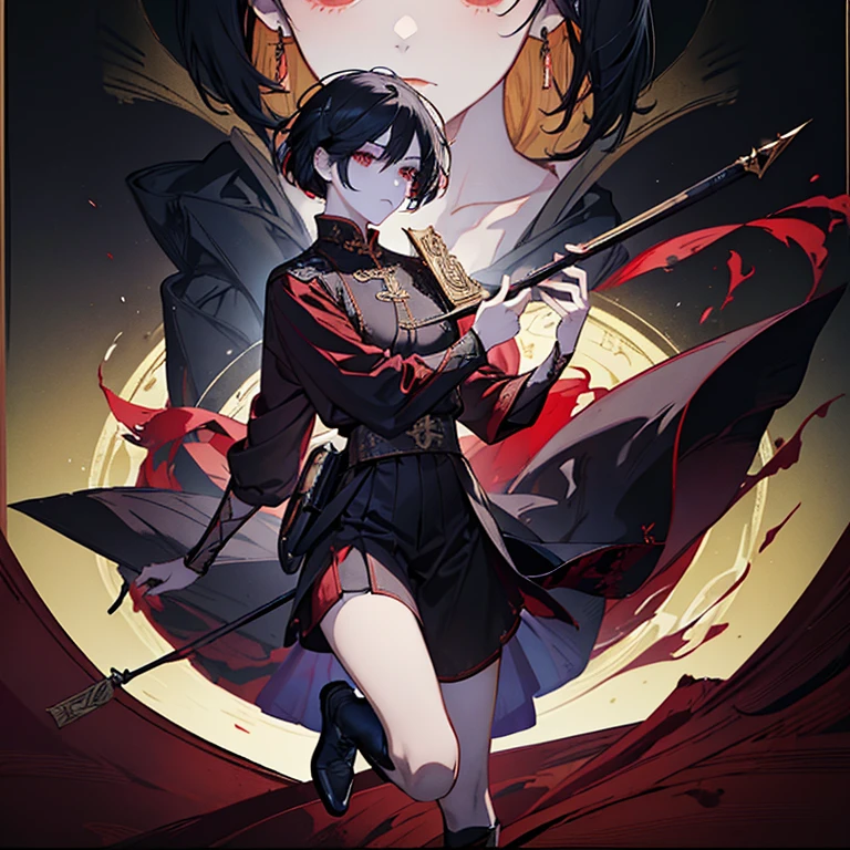 1 boy, 独奏, black hair, square, Bob hairstyle, bean, shoulder-length hair, red eyes, Shirt, high boots, light clothing, medieval theme, looking a viewer, Fantasy art, beautiful painting, Guwaika style, epic exquisite character art, stunning character art, ember, lean (reference sheet:1.5)