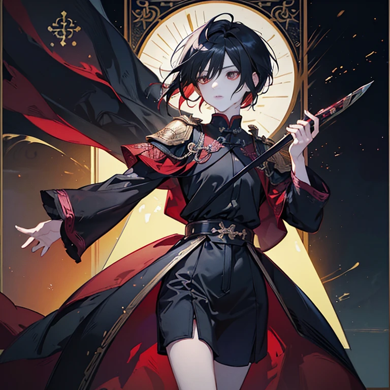 1 boy, 独奏, black hair, square, Bob hairstyle, bean, shoulder-length hair, red eyes, Shirt, high boots, light clothing, medieval theme, looking a viewer, Fantasy art, beautiful painting, Guwaika style, epic exquisite character art, stunning character art, ember, lean (reference sheet:1.5)