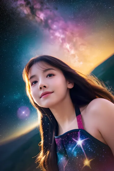 high detailing, Super Detail, 超A high resolution, Girl enjoying her time in the galaxy of dreams, surrounded by stars, Warm ligh...
