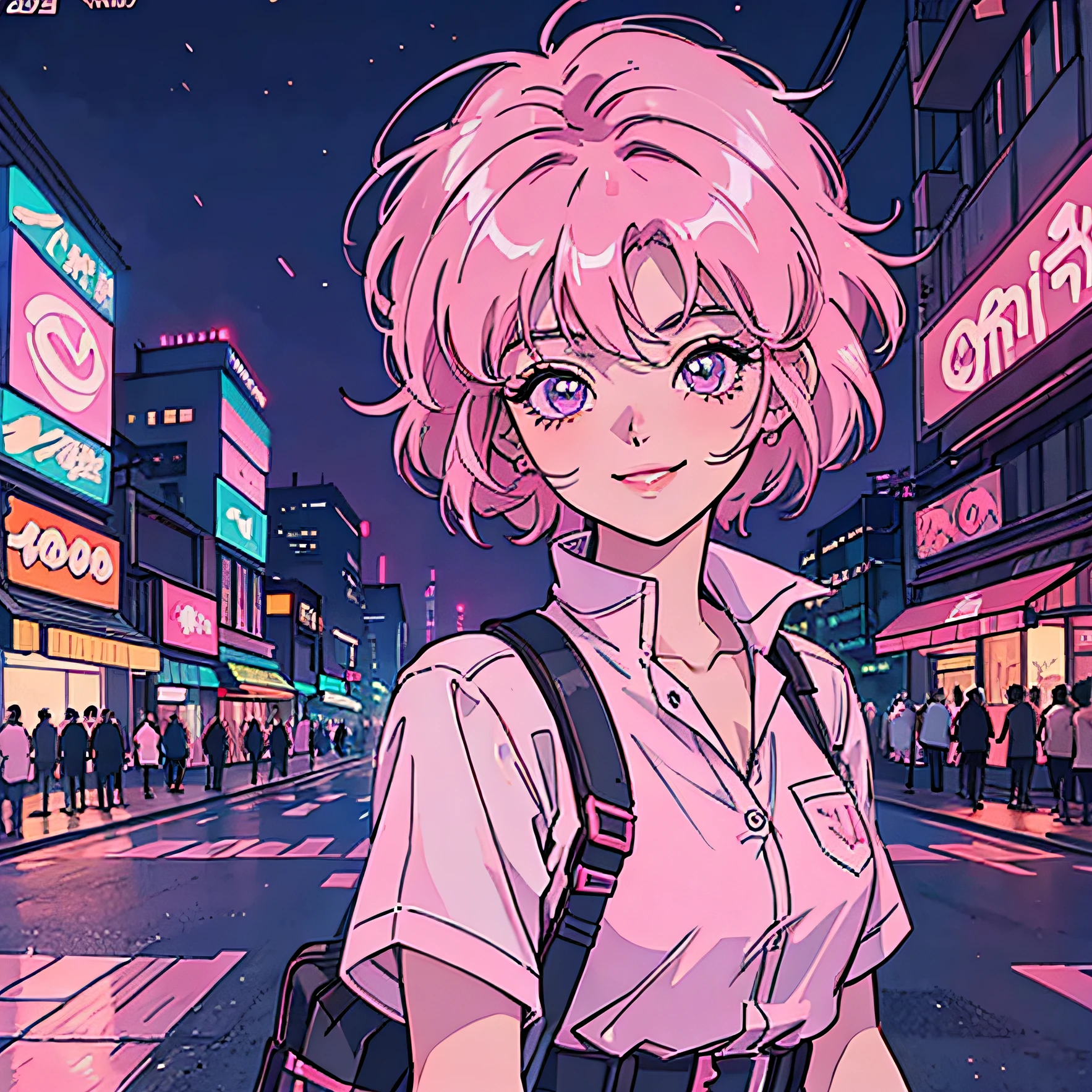 Short-haired girl, short pink hair, Cyberpunk cityscape , Night city, coloring, 90s Anime, 90's, lofi, neons, Retro, Many shops, smiling, Face Me , short-haired, A pink-haired, Full Street