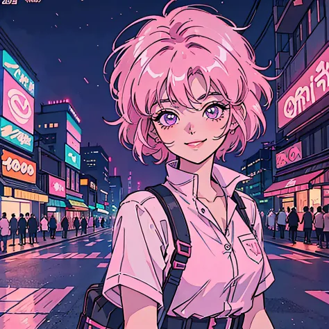 Short-haired girl, short pink hair, Cyberpunk cityscape , Night city, coloring, 90s Anime, 90's, lofi, neons, Retro, Many shops,...
