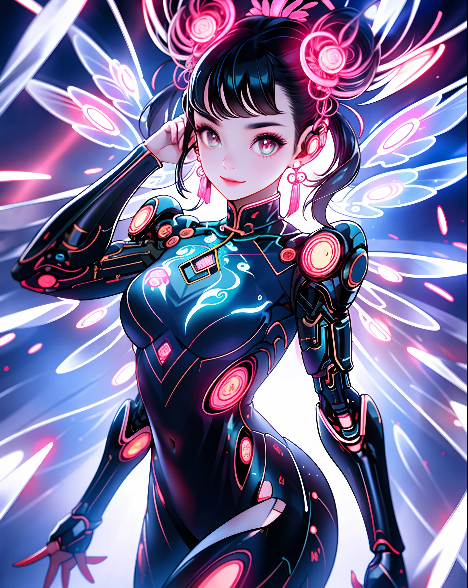 1 fille, Chinois_vêtements, argent liquide et rose, cyberhan, cheongsam, ailes, cyberpunk City, pose dynamique, casque lumineux, accessoires pour cheveux brillants, cheveux longs, boucles d&#39;oreilles lumineuses, collier lumineux, cyberpunk, ville de haute technologie, plein d&#39;éléments mécaniques et futuristes, futuriste, technologie, néon brillant, rose, rose light, tulle transparent, Banderoles transparentes, laser, ciel urbain de fond numérique, grande lune, avec véhicule, Meilleure qualité, dessus de la table, 8k, lumière de bord de personnage, très détaillé, Haute qualité, la plus belle femme des êtres humains, souriant légèrement, visage tourné vers l&#39;avant et symétrie gauche et droite, décoration d&#39;oreille, beaux effets de lumière sur les pupilles, données visuelles, cheveux blanc argenté, montre lumineuse