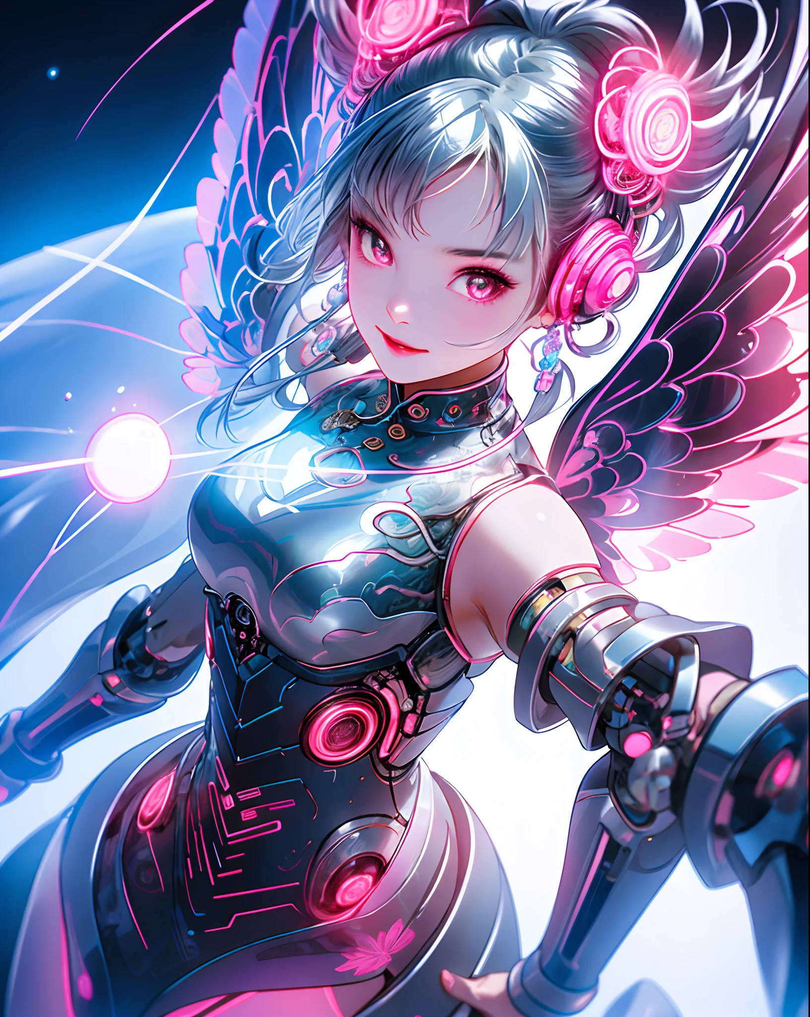 1 Mädchen, Chinesisch_Kleidung, flüssiges Silber und Pink, cyberhan, Cheongsam, wings, Cyberpunk City, dynamische pose, leuchtender Kopfhörer, leuchtende Haar-Accessoires, lange Haare, leuchtende Ohrringe, leuchtende Halskette, Cyberpunk, Hightech-Stadt, voller mechanischer und futuristischer Elemente, futuristisch, Technologie, leuchtendes Neon, Rosa, Rosa light, transparenter Tüll, transparente Luftschlangen, laser, digitaler hintergrund urban himmel, großer Mond, mit Fahrzeug, beste Qualität, Tischplatte, 8K, Zeichenrandlicht, sehr hohe Detailgenauigkeit, gute Qualität, die schönste Frau unter den Menschen, leicht lächelnd, Gesicht nach vorne gerichtet und links und rechts Symmetrie, Ohrschmuck, schöne Pupillenlichteffekte, visuelle Daten, silberweißes Haar, leuchtende Uhr