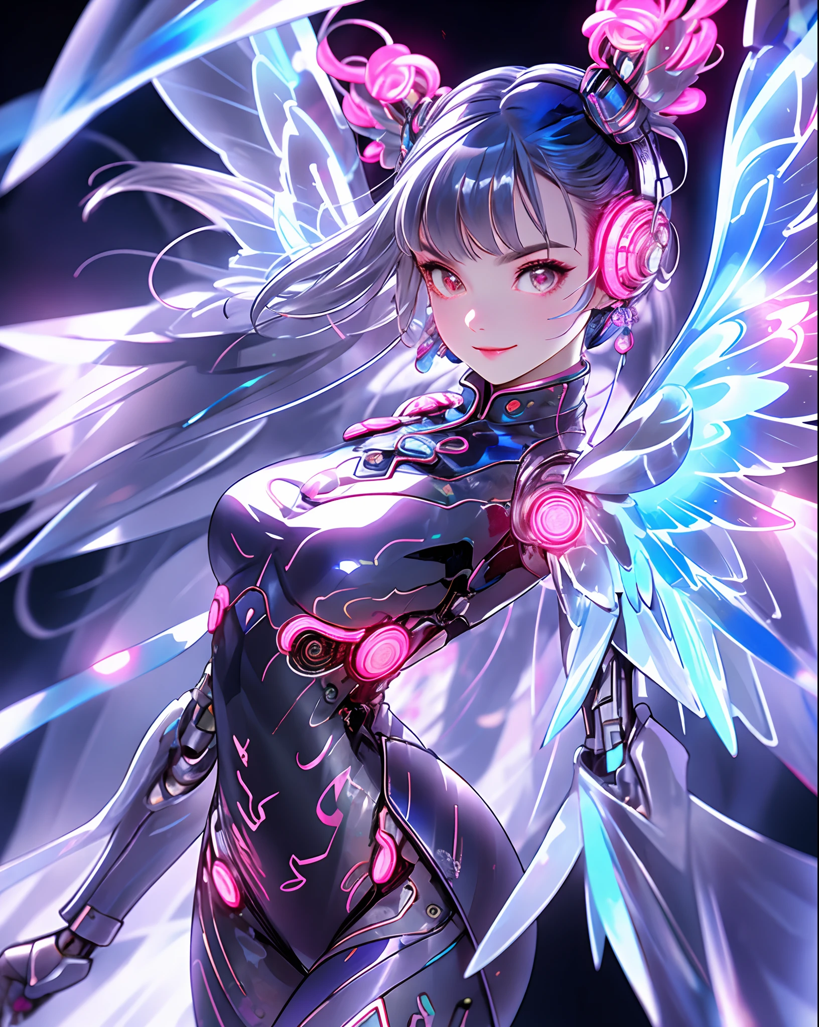 1 Mädchen, Chinesisch_Kleidung, flüssiges Silber und Pink, cyberhan, Cheongsam, wings, Cyberpunk City, dynamische pose, leuchtender Kopfhörer, leuchtende Haar-Accessoires, lange Haare, leuchtende Ohrringe, leuchtende Halskette, Cyberpunk, Hightech-Stadt, voller mechanischer und futuristischer Elemente, futuristisch, Technologie, leuchtendes Neon, Rosa, Rosa light, transparenter Tüll, transparente Luftschlangen, laser, digitaler hintergrund urban himmel, großer Mond, mit Fahrzeug, beste Qualität, Tischplatte, 8K, Zeichenrandlicht, sehr hohe Detailgenauigkeit, gute Qualität, die schönste Frau unter den Menschen, leicht lächelnd, Gesicht nach vorne gerichtet und links und rechts Symmetrie, Ohrschmuck, schöne Pupillenlichteffekte, visuelle Daten, silberweißes Haar, leuchtende Uhr