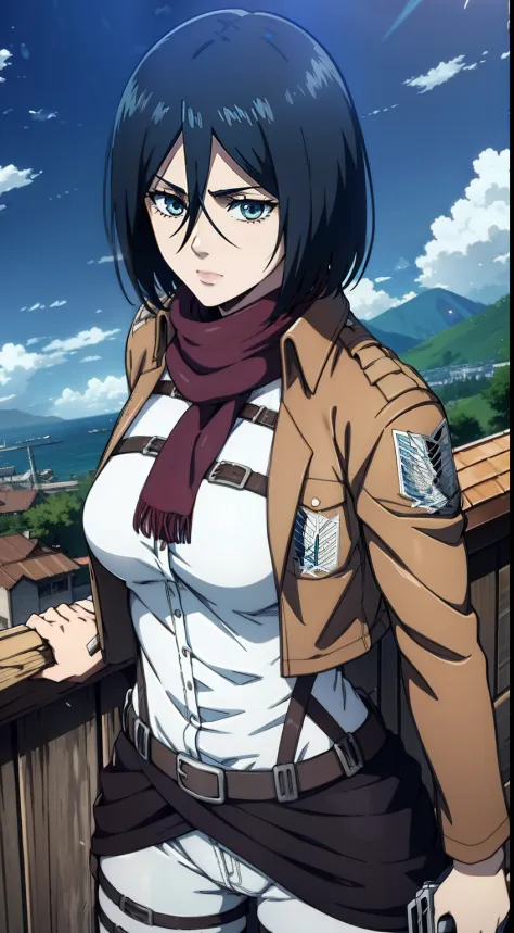 Sexy, combat stance, Super Epic Composition, aot style, Shingeki no Kyojin, mikasa ackerman, 1girl,(Body Full 1.1), Hand strap, quiff, black  hair, Black pants, 가슴, green colored eyes, Hair between the eyes, turnstile, long sleeves, looks at the viewer, Av...