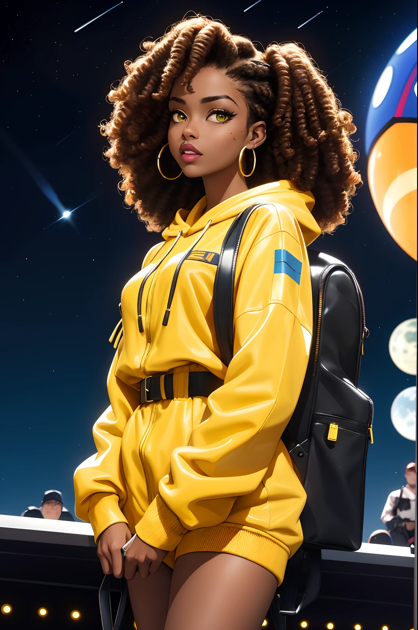 best quality, highres, solo, deep ebony 1girl, beautiful face, {{ box braids / afro / braided hair / curly hair }}, black lips, a female character is wearing a yellow and black colored outfit with a backpack and a yellow hoodie jacket, dark black and yellow, sports leisure, green eyes, long hair, diamond earrings, cybernetically enhanced, medium breasts, she is standing in front of spaceships, satellites and moon rovers, starry night sky, pigeoncore, neo-dadaist, Asuka Langley, neon genesis EVA suit, mechanized precision, space crew member, she holds an important position, in crowd spectator at a tech conference in the style of mecha sci-fi anime