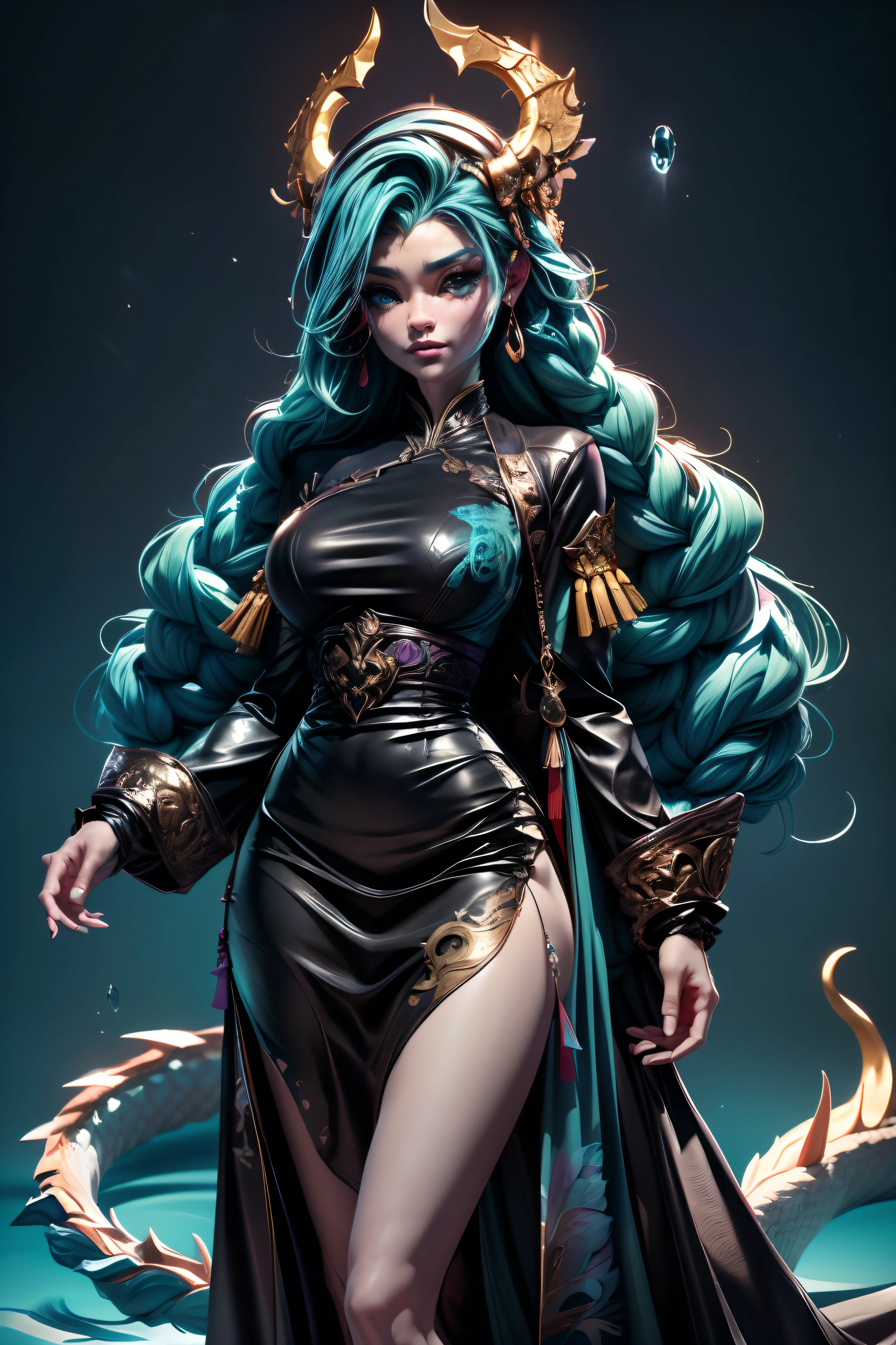 *8k Masterpiece, Top Quality, Best Quality, Official Art, (Beauty and Aesthetics: 1.3), Extremely Detailed, (Fractal Art: 1.3), Colorful, Ice and Chinese Dragon, Serpentine Body, Claw, Cyan and 1 Woman, Han Woman's Media, Hanfu, Cyan