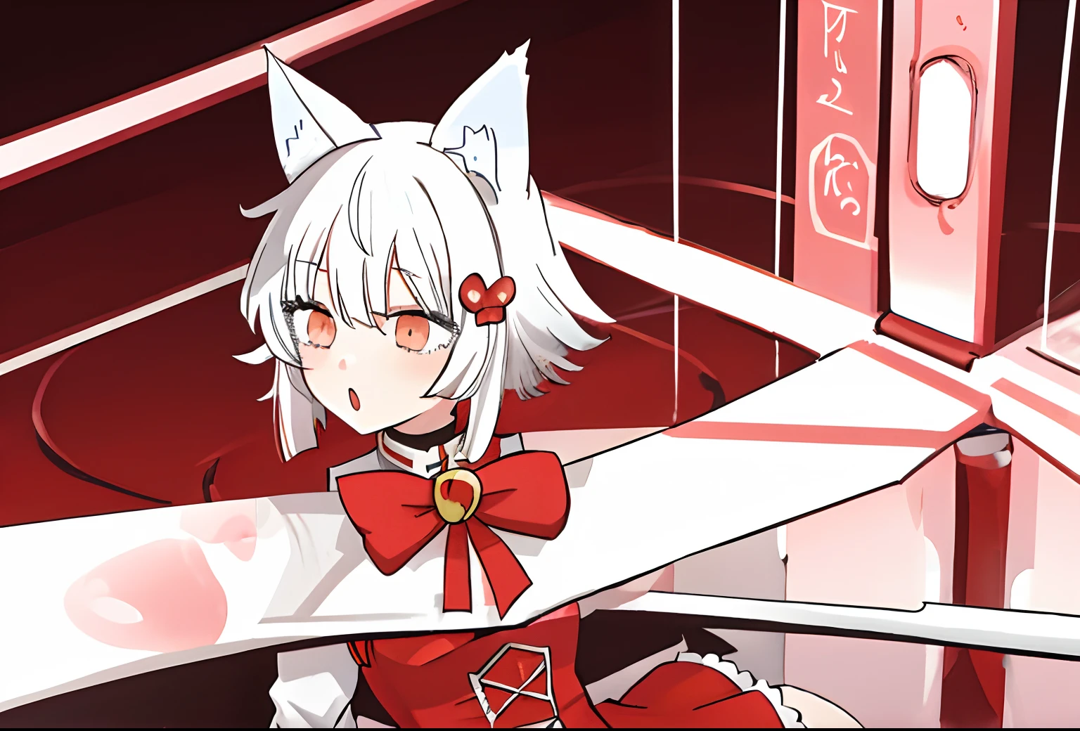 Anime girl with white hair and red bow sitting on stairs - SeaArt AI