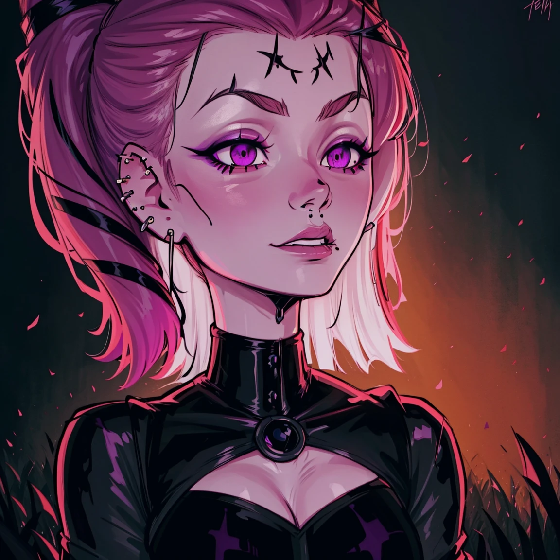 Jinx, goth girl, autumn forest background, detailed, detailed, detailed, beautiful, detail, goth girl, masterpiece, dark night background, gothic, goth, goth, detailed, goth girl, piercings, detailed face, looking viewer, Jinx, (Dark eye shadow) dark eye shadow, black eye shadow,