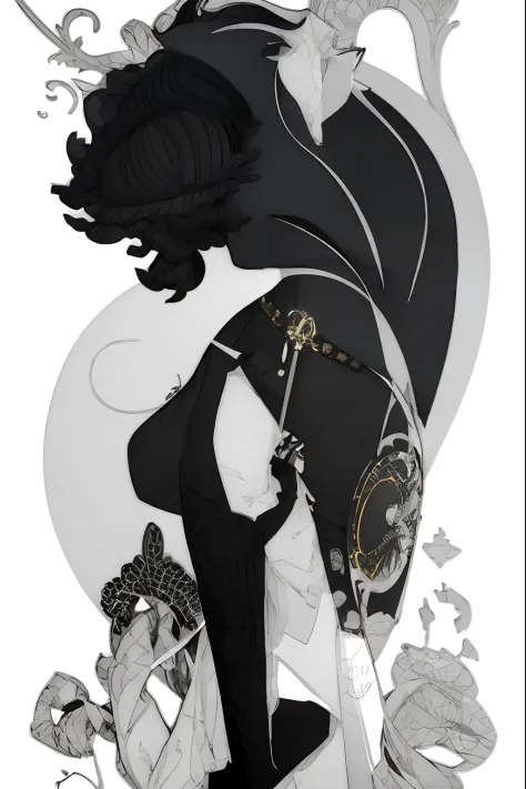Close-up of a woman in a black dress holding a fan, inspired by Aubrey Beardsley, art deco illustration, Flat shadow Mucha, Beardsley, art nouveau illustration, alsphonse mucha, anime art nouveau, Art Nouveau! Cyberpunk! Style, Inspired by Alphonse Mucha, ...