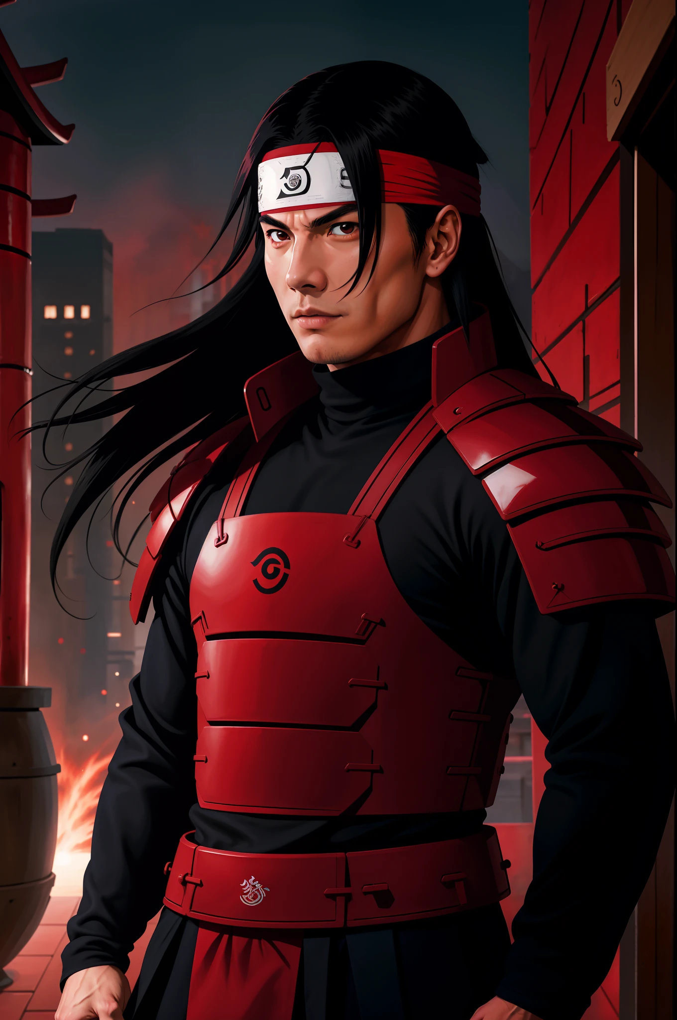 masterpiece, best quality, ultra-detailed, upper body shot, 1man, male focus, hashirama senju, wearing red armor, long black hair, Konoha headband, cool attitude, dinamic lighting, vivid colours, Urban Background ,