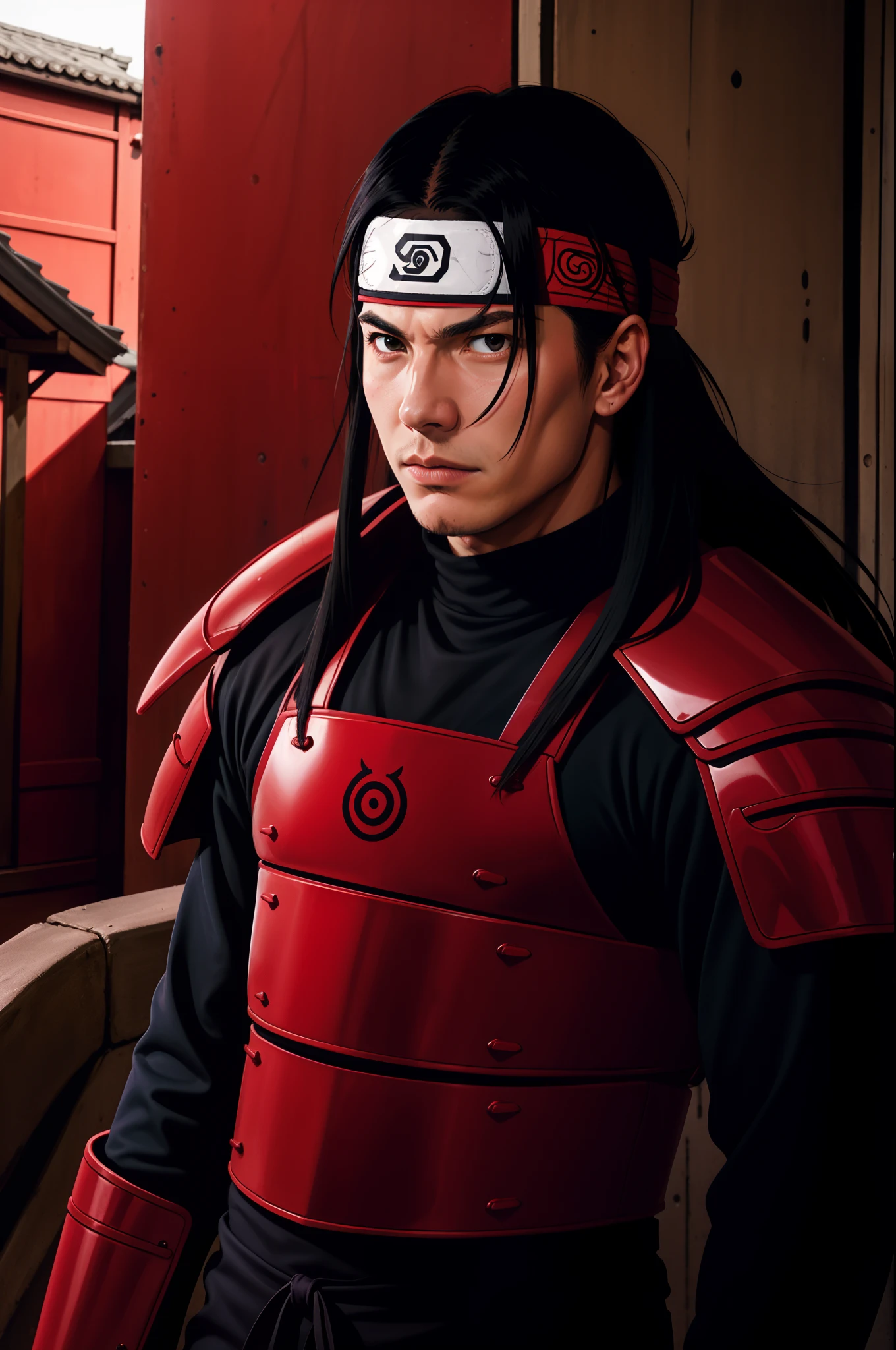 masterpiece, best quality, ultra-detailed, upper body shot, 1man, male focus, hashirama senju, wearing red armor, long black hair, Konoha headband, cool attitude, dinamic lighting, vivid colours, Urban Background ,