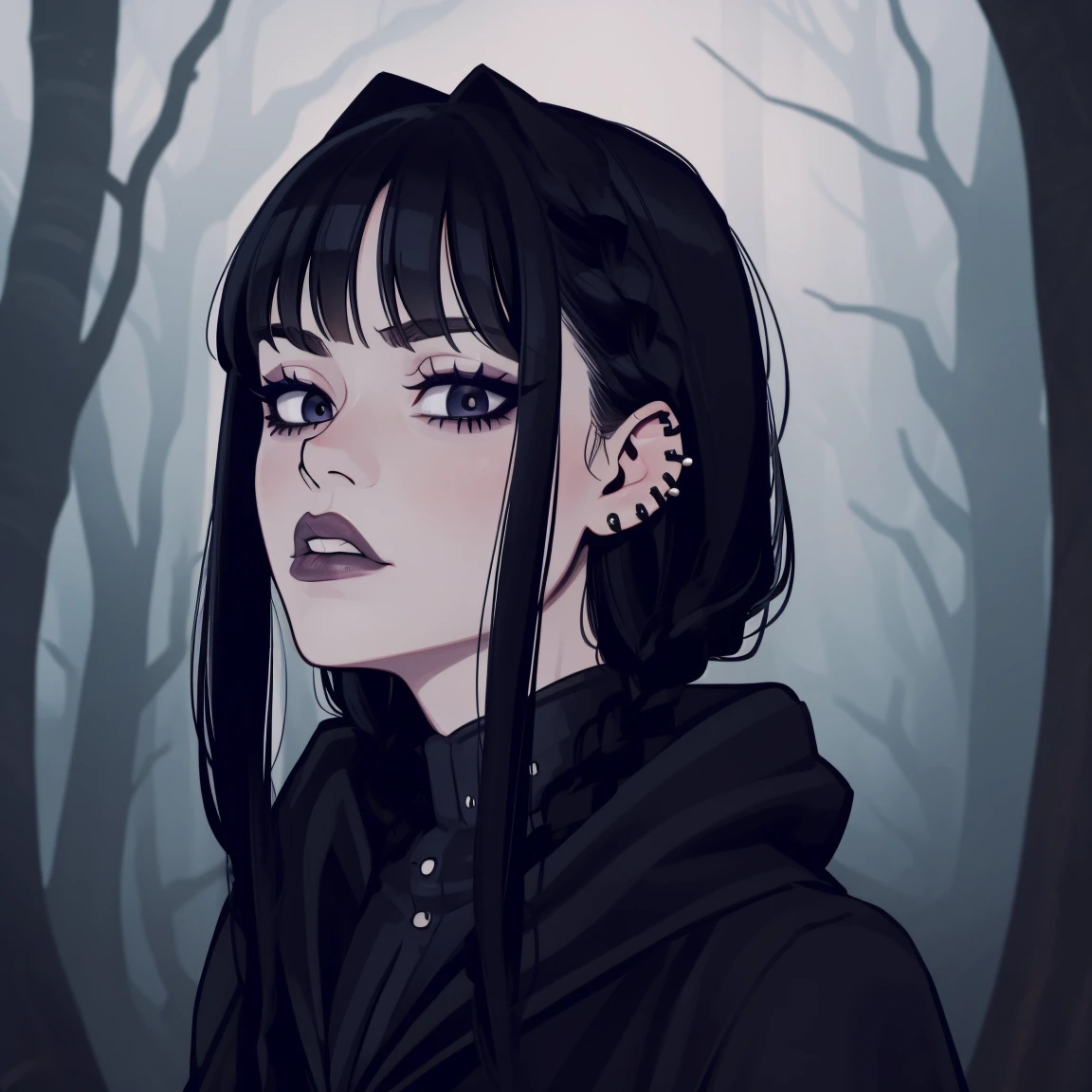 Wednesday addams, teen titans, hooded, goth girl, autumn forest background, detailed, detailed, detailed, beautiful, detail, goth girl, masterpiece, dark night background, gothic, goth, goth, detailed, goth girl, piercings, detailed face, looking viewer, Wednesday addams, (Dark eye shadow) dark eye shadow, black eye shadow,
