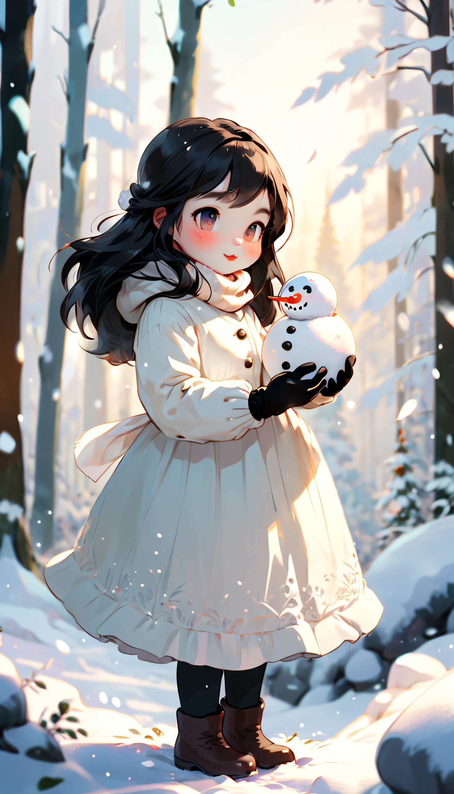 in gloves building a snowman in a 겨울 forest, 검은색 긴 머리, 전망，흰색 긴 소매 드레스, 겨울, 유키토, 설경, 따뜻한 빛, 옥외, 동화같은, 공상, 밝은 배경, 빈 상단 프레임, Ngai 스타일을 패배, 최고의 품질 8K, 매우 상세한