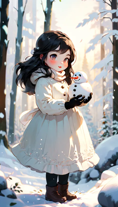 Little girl in gloves building a snowman in a winter forest, Black long hair, Prospect，white long sleeve dress, winter, yukito, ...