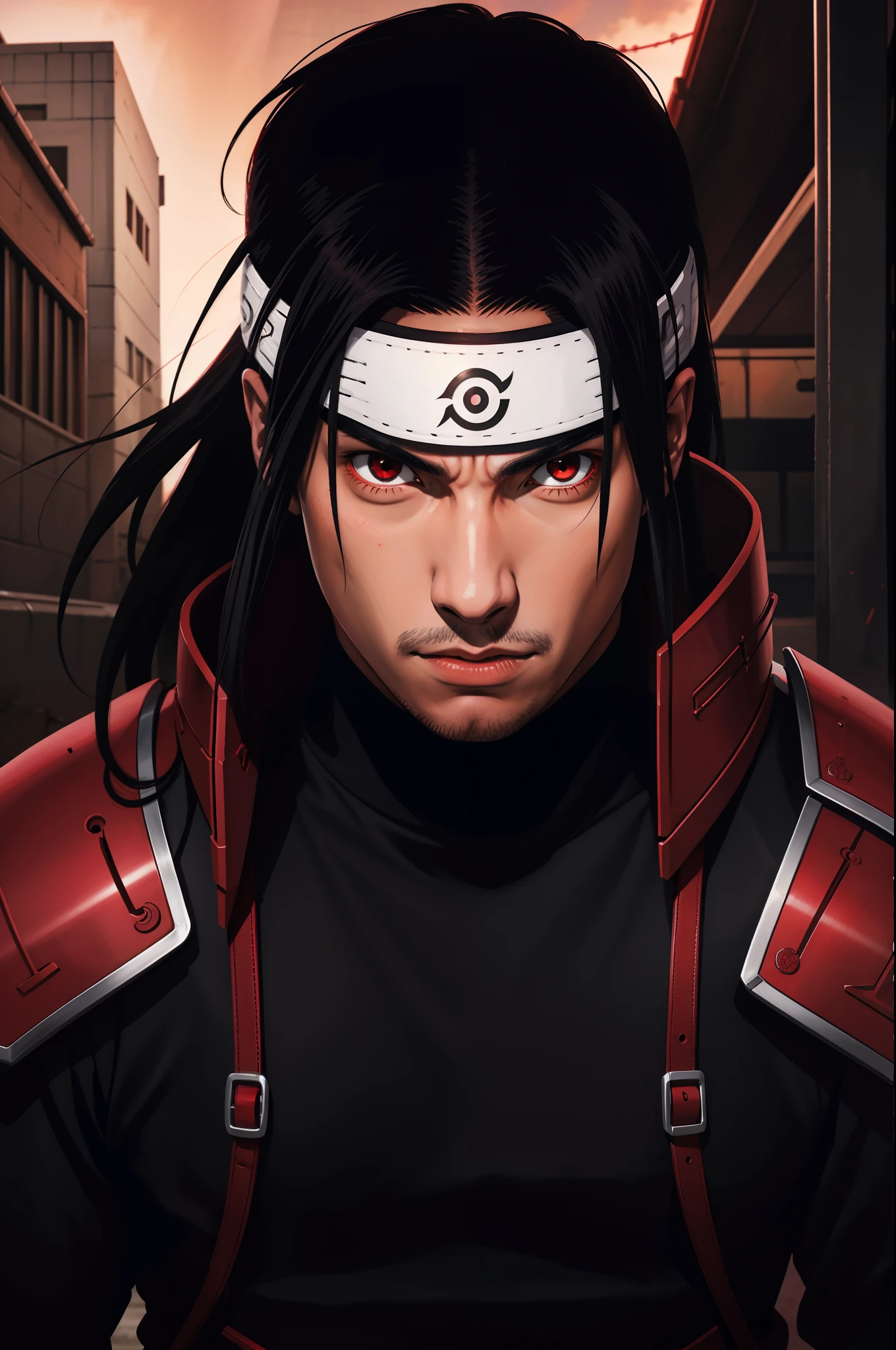 masterpiece, best quality, ultra-detailed, upper body shot, 1man, male focus, hashirama senju, wearing red armor, long black hair, Konoha headband, cool attitude, dinamic lighting, vivid colours, Urban Background ,