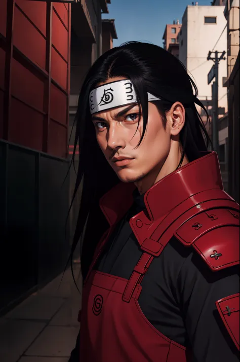 masterpiece, best quality, ultra-detailed, upper body shot, 1man, male focus, hashirama senju, wearing red armor, long black hai...