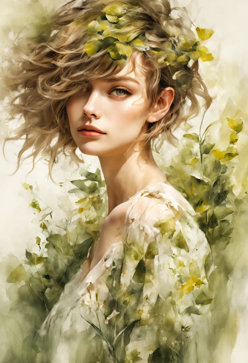 retrato de menina bonita, cabelo curto bagunçado, vestindo moda botânica,
