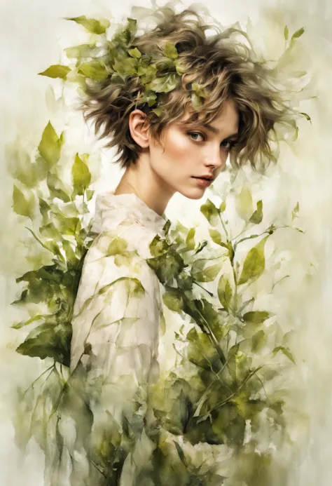 portrait of pretty girl, short messy hair, wearing botanical fashion,