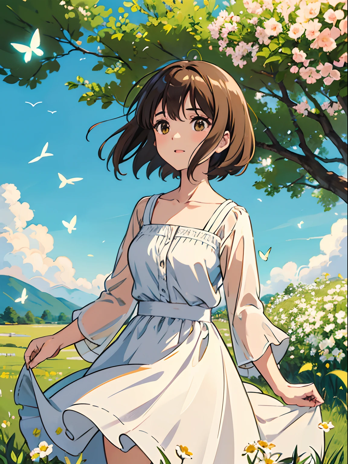 High Detail, Ultra Detail, Ultra High Resolution Light brown eyebrows, short brown hair girl enjoying her time in open field, surrounded by the beauty of nature, warm sun sprinkling on her, white flowers gently swaying in the breeze. Butterflies and birds flutter around her, adding to the playful atmosphere , --v6