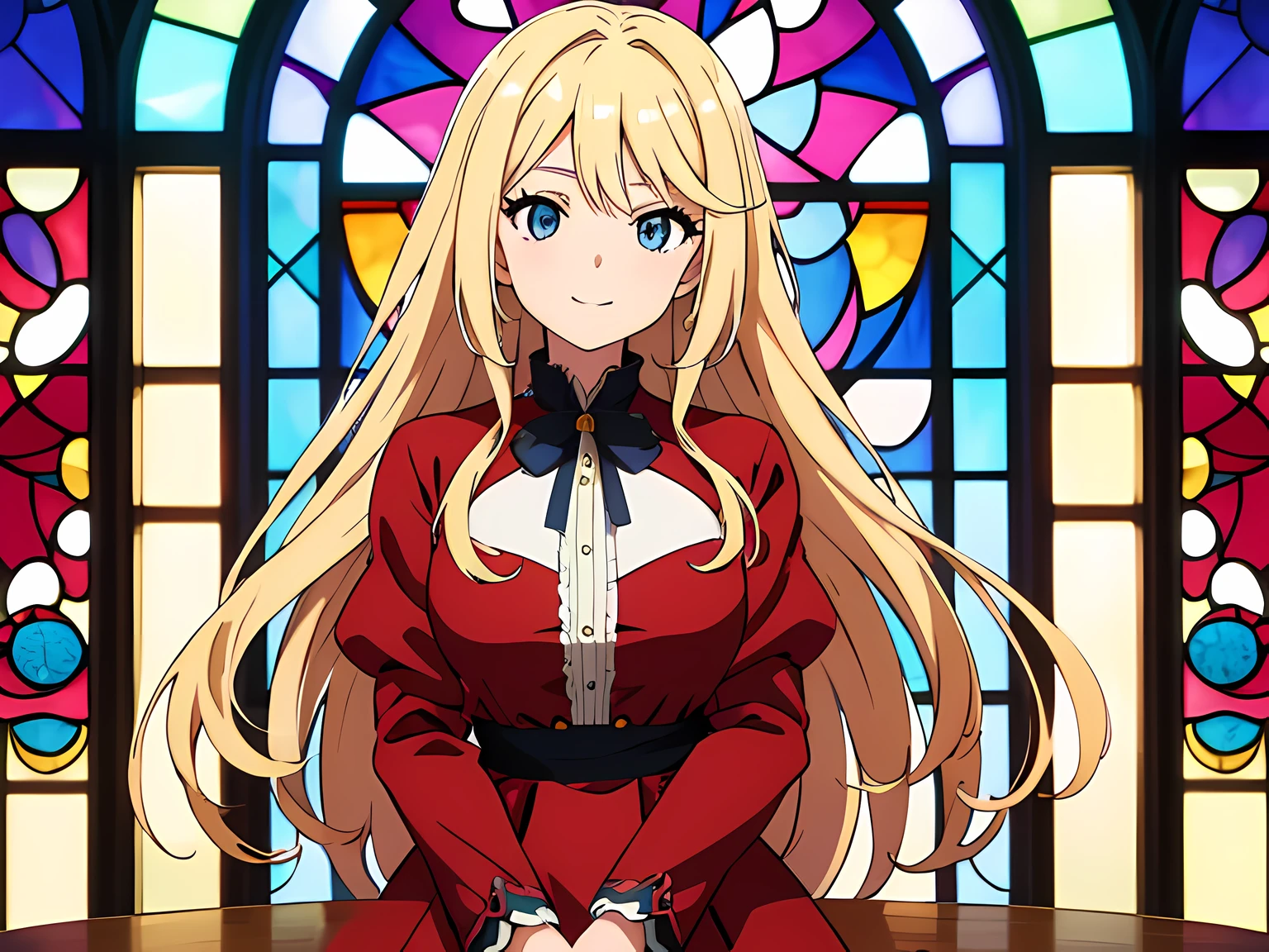 anime girl with long blonde hair, beautiful eyes finely detailed, toothy smile, wearing red dress standing in front of you, lying on the table, leaning towards you, standing in front of stained glass windows, (half body:0.6), anime best girl, masterpiece sidelighting, ​masterpiece, top-quality, detailed, High resolution illustration