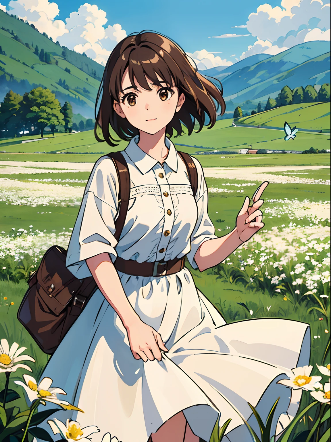 High Detail, Ultra Detail, Ultra High Resolution Light brown eyebrows, short brown hair girl enjoying her time in open field, surrounded by the beauty of nature, warm sun sprinkling on her, white flowers gently swaying in the breeze. Butterflies and birds flutter around her, adding to the playful atmosphere , --v6