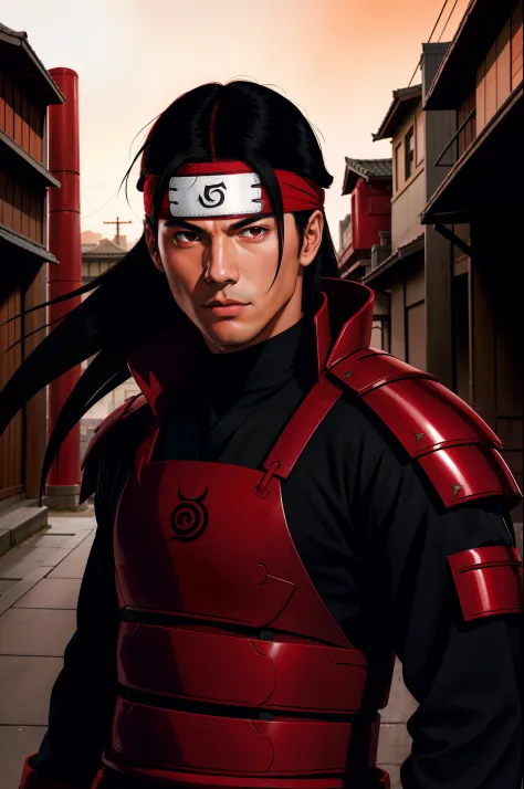 masterpiece, best quality, ultra-detailed, upper body shot, 1man, male focus, hashirama senju, wearing red armor, long black hai...