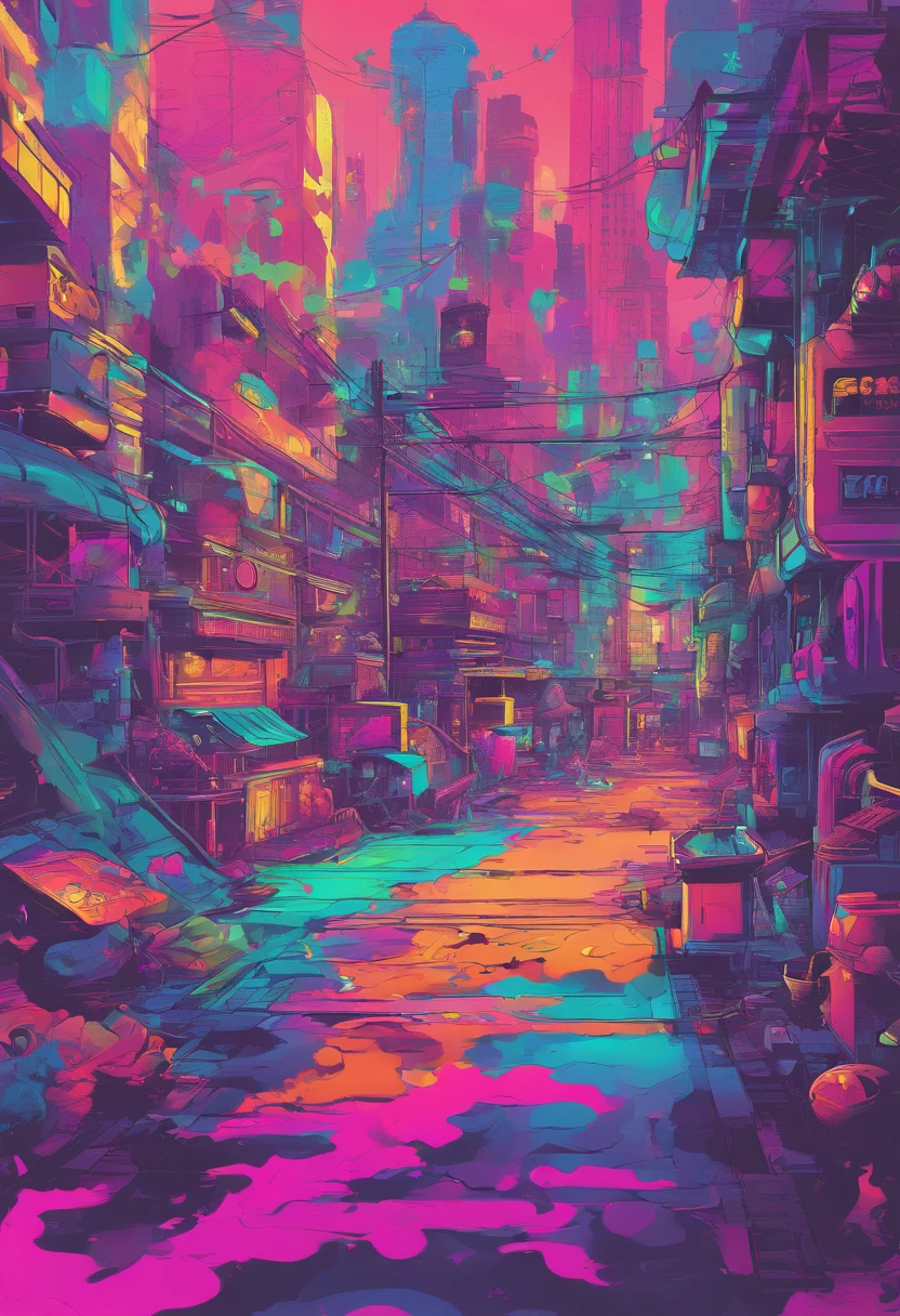 Splatoon　Bold neon colors, Splash Art, Splattered neon colors, (Iridescent glowing smoke) ((Motion Effect)), Best Quality, Wallpaper Art, nffsw, Center Image, M Schiffer Art, ((Flat color)), (cel-shading style) Very bold neon colors, (High color saturation) sloping, Psychedelic environment