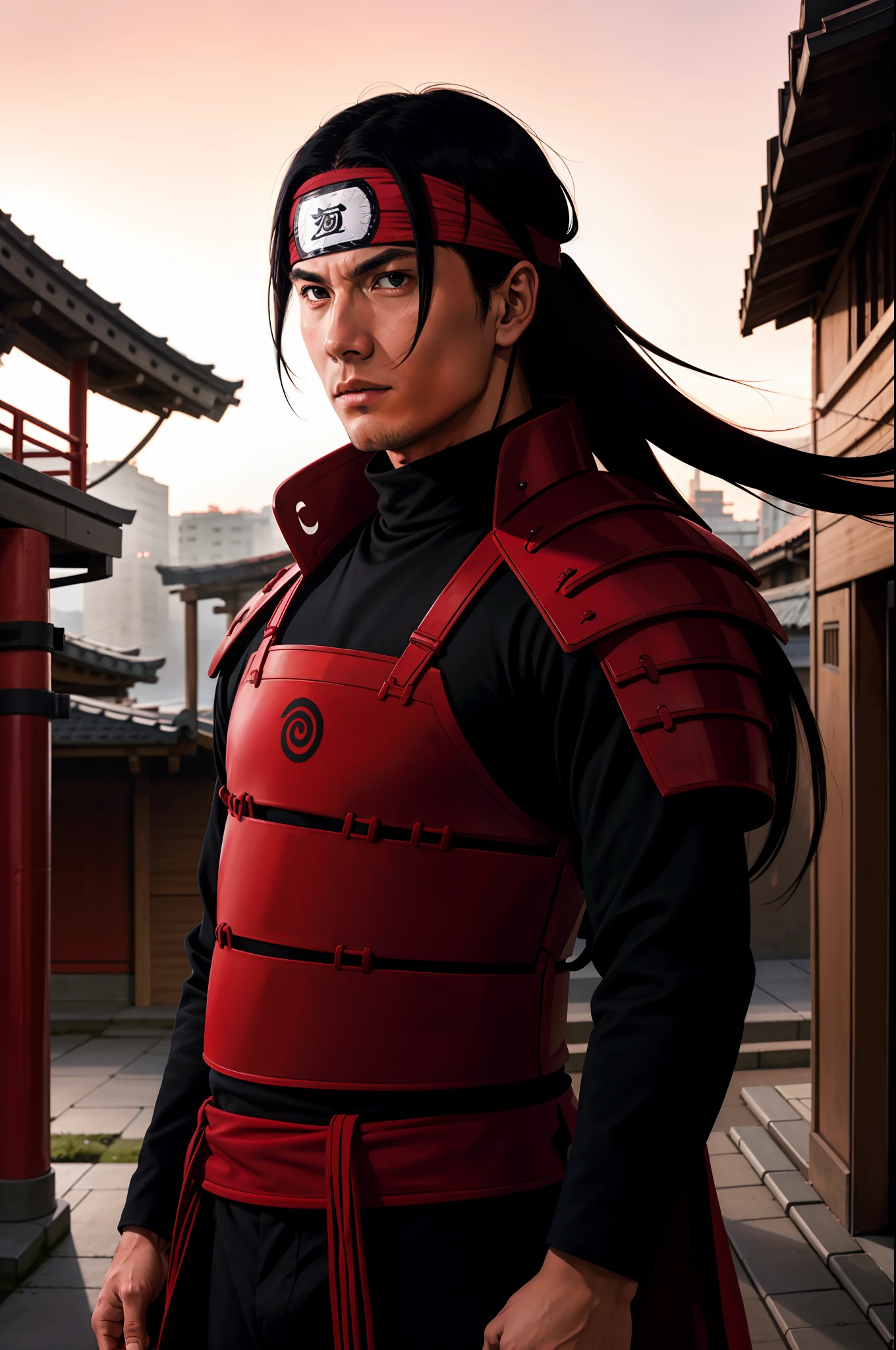 masterpiece, best quality, ultra-detailed, upper body shot, 1man, male focus, hashirama senju, wearing red armor, long black hair, Konoha headband, cool attitude, dinamic lighting, vivid colours, Urban Background ,