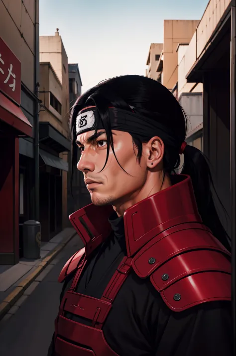 masterpiece, best quality, ultra-detailed, upper body shot, 1man, male focus, hashirama senju, wearing red armor, long black hai...