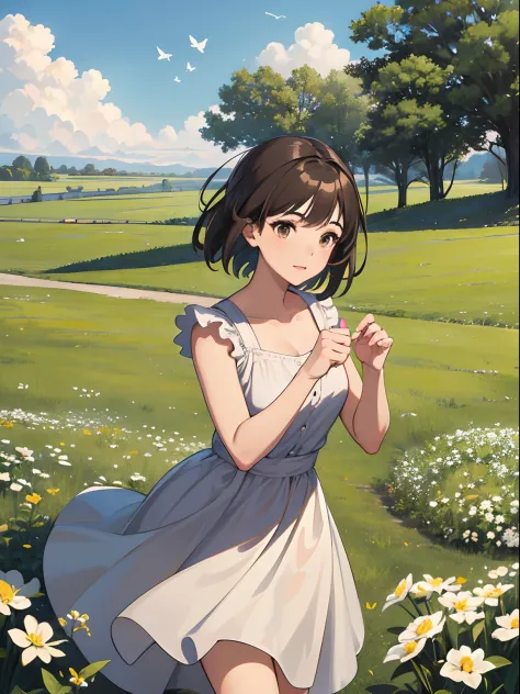 High Detail, Ultra Detail, Ultra High Resolution Light brown eyebrows, short brown hair girl enjoying her time in open field, surrounded by the beauty of nature, warm sun sprinkling on her, white flowers gently swaying in the breeze. Butterflies and birds ...