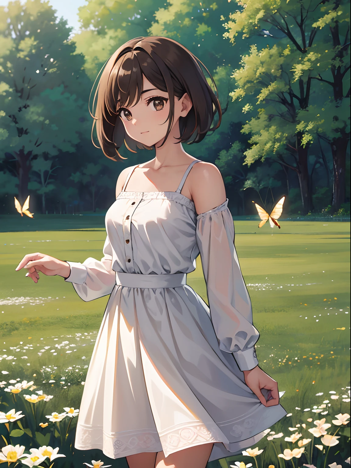 High Detail, Ultra Detail, Ultra High Resolution Light brown eyebrows, short brown hair girl enjoying her time in open field, surrounded by the beauty of nature, warm sun sprinkling on her, white flowers gently swaying in the breeze. Butterflies and birds flutter around her, adding to the playful atmosphere , --v6