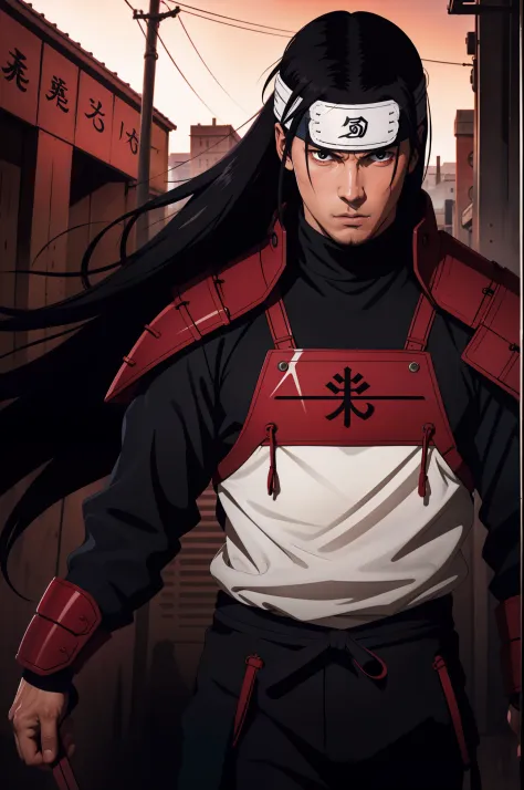 masterpiece, best quality, ultra-detailed, upper body shot, 1man, male focus, hashirama senju, wearing red armor, long black hai...