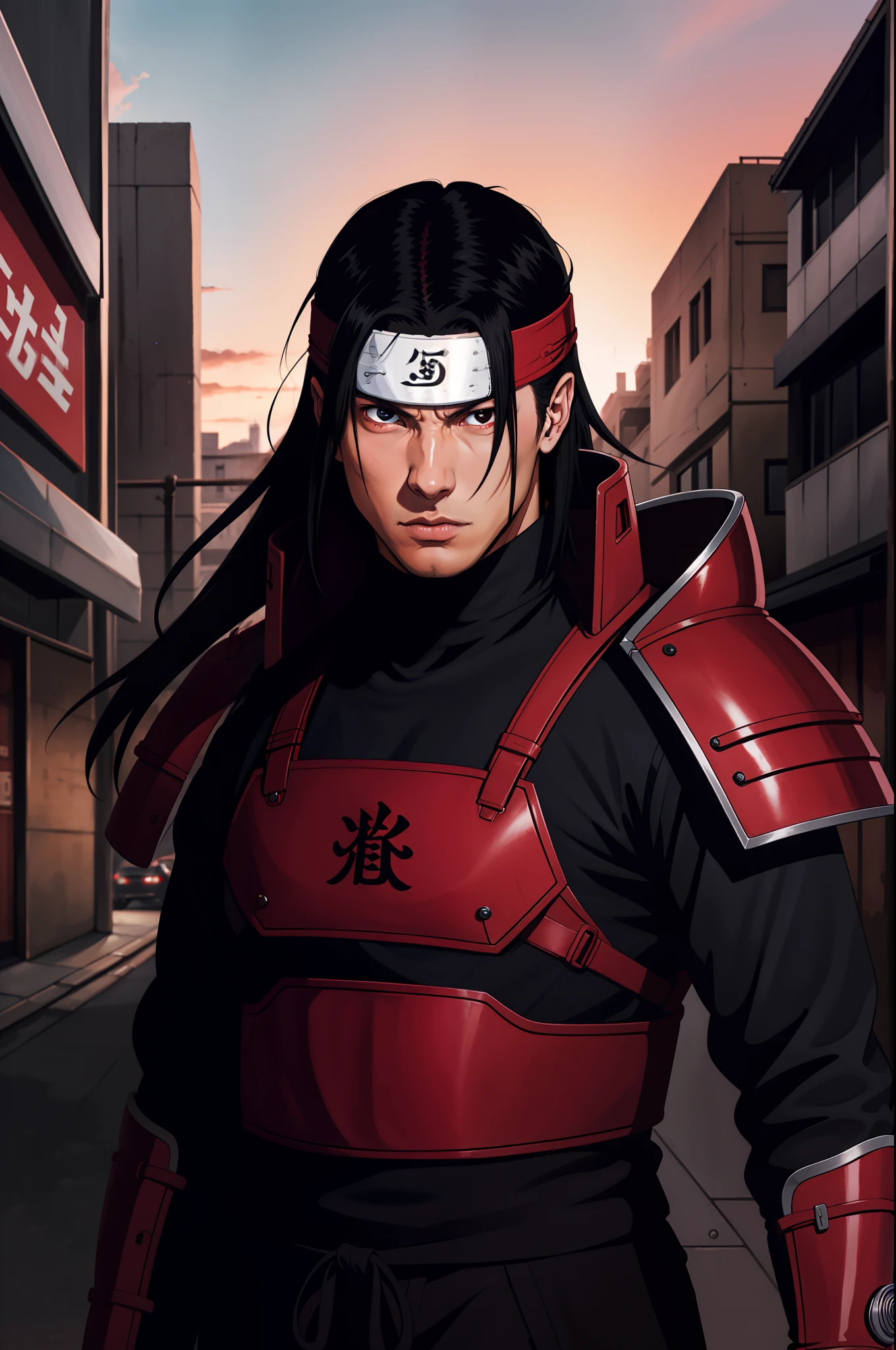 masterpiece, best quality, ultra-detailed, upper body shot, 1man, male focus, hashirama senju, wearing red armor, long black hair, Konoha headband, cool attitude, dinamic lighting, vivid colours, Urban Background ,