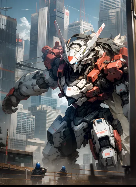 A giant robot wearing armor that looks like a skyscraper