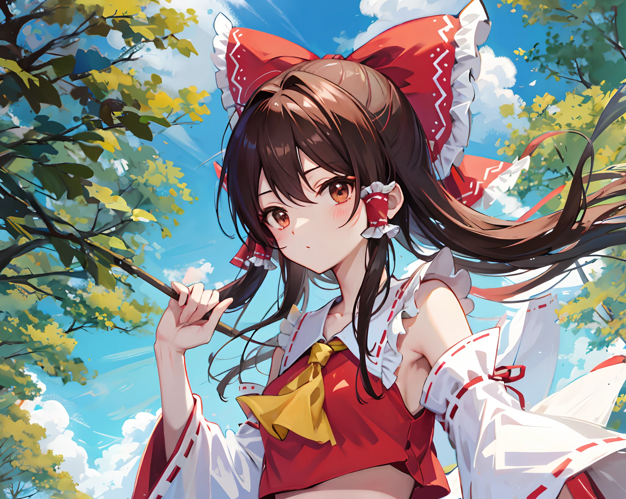 Anime girl with a stick in her hand and a red bow, Reimu Hakurei, frente a un templo, arbóles, pasto, cielo azul hermoso, mirando sorprendida al espectador, brown eyes