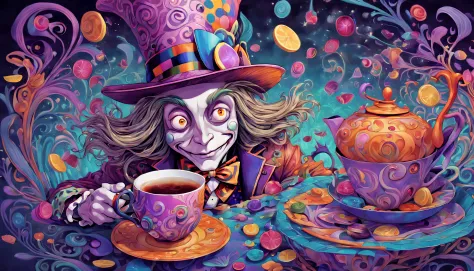 The Mad Hatter, playfully and elaborately illustrated in an otherworldly style, graciously welcomes the viewer to join him in si...