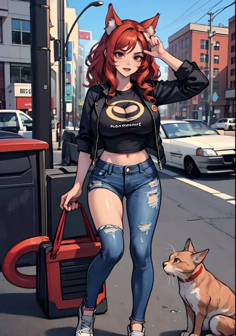 1 ebony girl with red cat ears, curly hair, red haired, wearing a black thigt t-shirt, denim jacket, denim pant and black sneake...