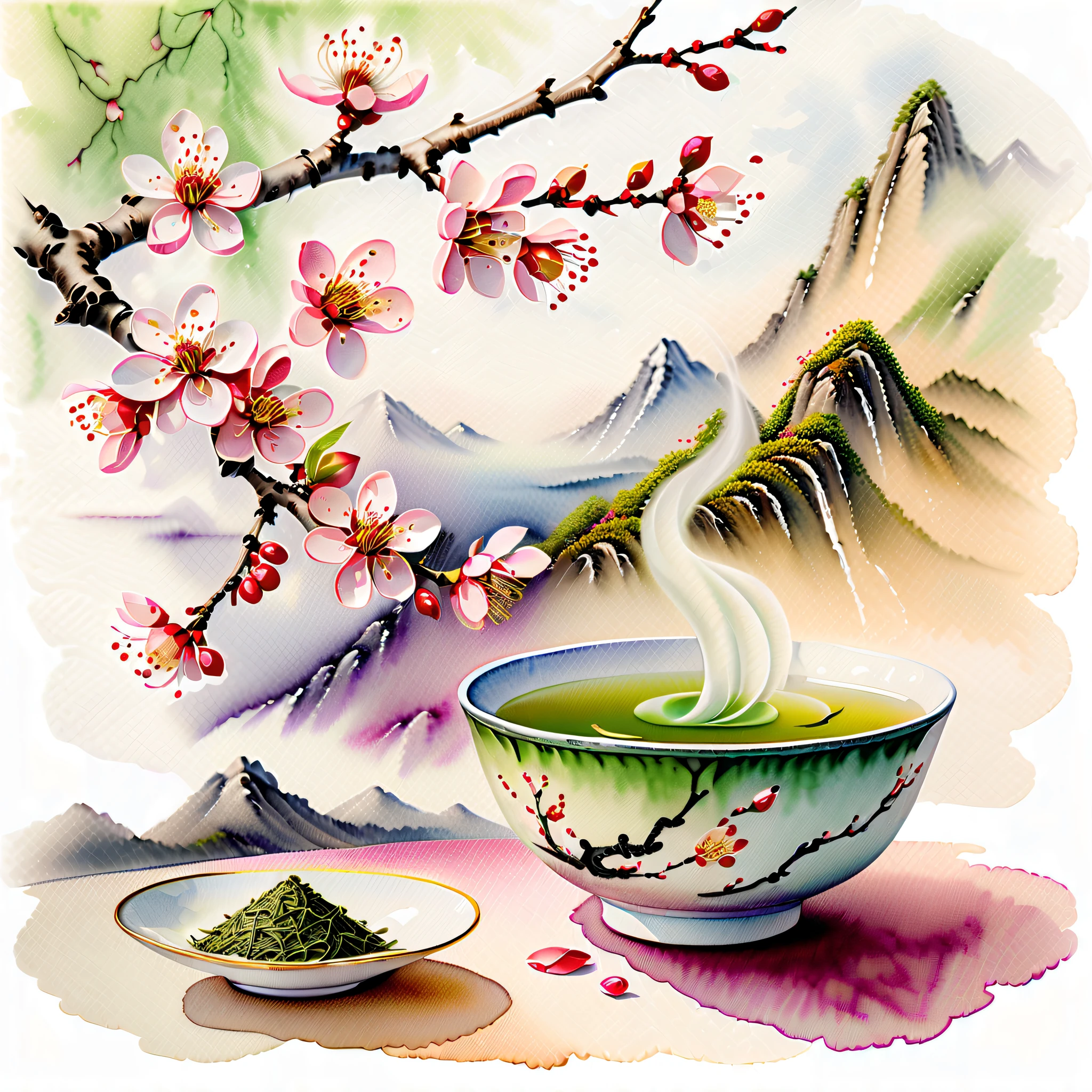 stunning watercolor painting, a steaming tea bowl of green tea with delicate plum blossom petals floating on its surface, graceful dance of plum blossom petals, gentle swirl of plum blossom petals, captured in a stunning watercolor painting, grace and beauty paint tranquil world background, (((stunning intricate detail:1.3))), (((radiosity rendered in stunning 32k resolution:1.3))), highest quality, highly quality, mesmerizing watercolor masterpiece,