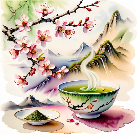 stunning watercolor painting, a steaming tea bowl of green tea with delicate plum blossom petals floating on its surface, gracef...