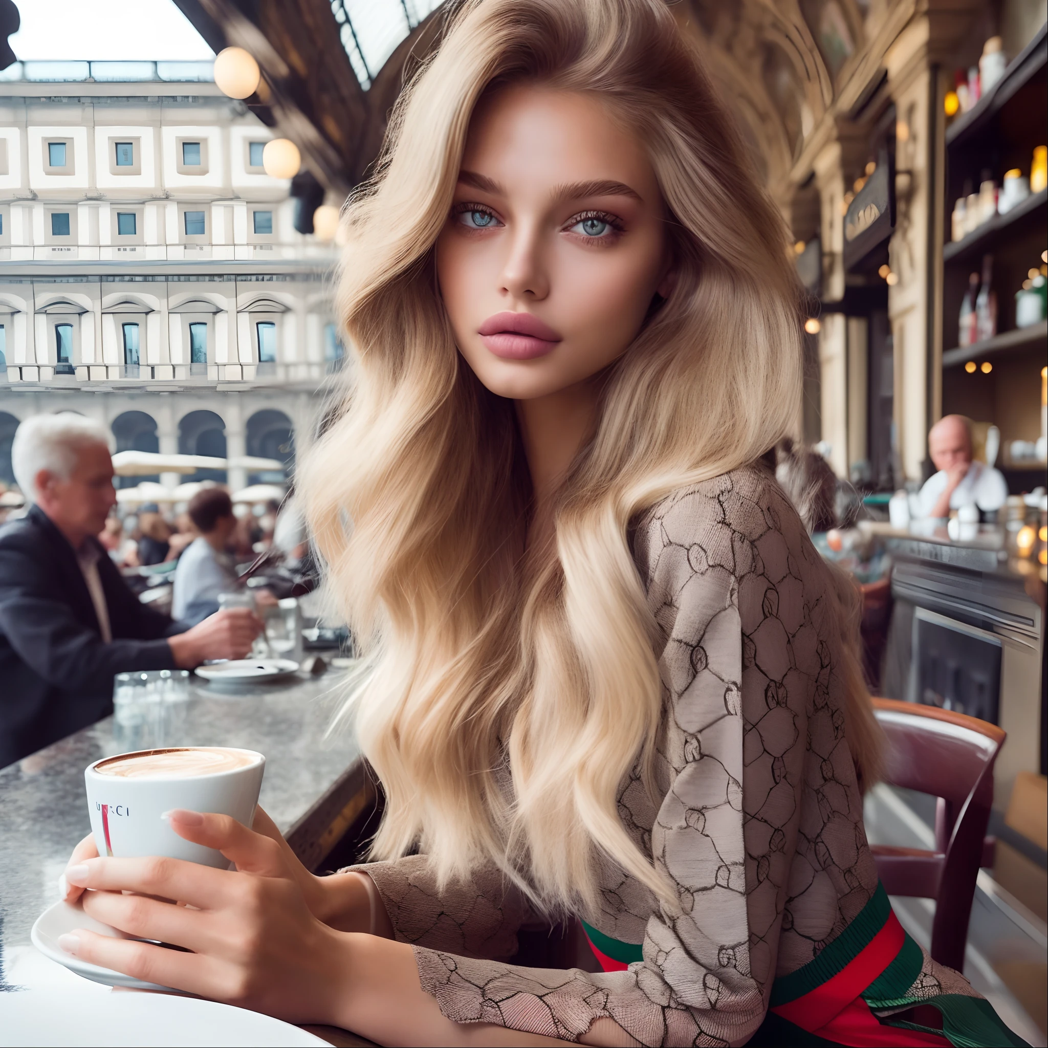 Blonde woman with long hair sitting at a table with a cup of coffee -  SeaArt AI