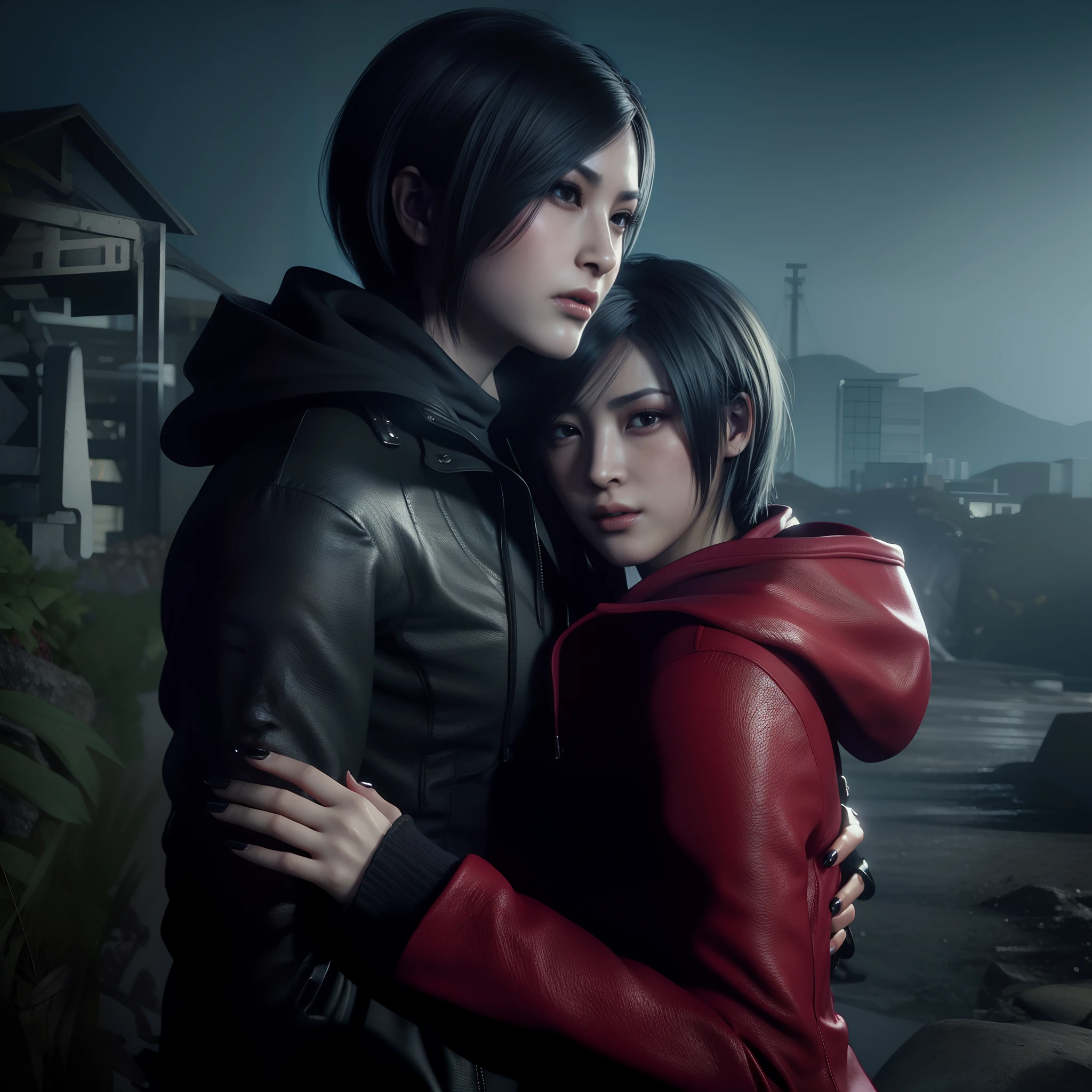 Ada wong, beautiful face,  bob hair, perfect Face, wearing mini red dress hoody, wearing hoody, black nail polish, friendly face, glare, girly, Staring at a man's face