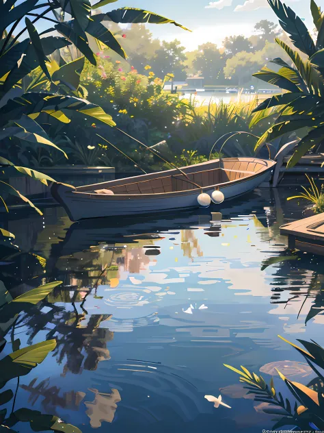 Wallpaper, summer pond, pond, boat, afternoon sun, reeds, pond background, depth of field, hot weather, HD detail, wet watermark, hyperdetail, realistic photo, 16k, surrealism, soft light, deep field focus bokeh, ray tracing, diffuse (ultra-fine glass refl...