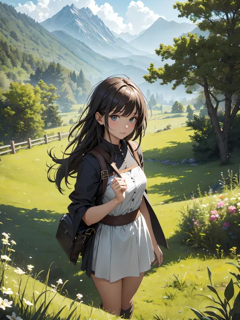 In a green meadow is a girl who leads a group of knights.
BREAK
With a brave expression, guides them to their destination.
BREAK
Behind her, A green forest extends and beyond that, Mountains rise in the distance.
BREAK
The most suitable effect for this sce...