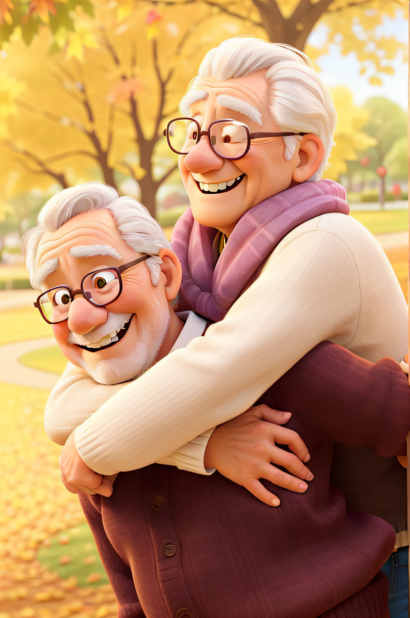 An older man and woman hugging each other in a park - SeaArt AI